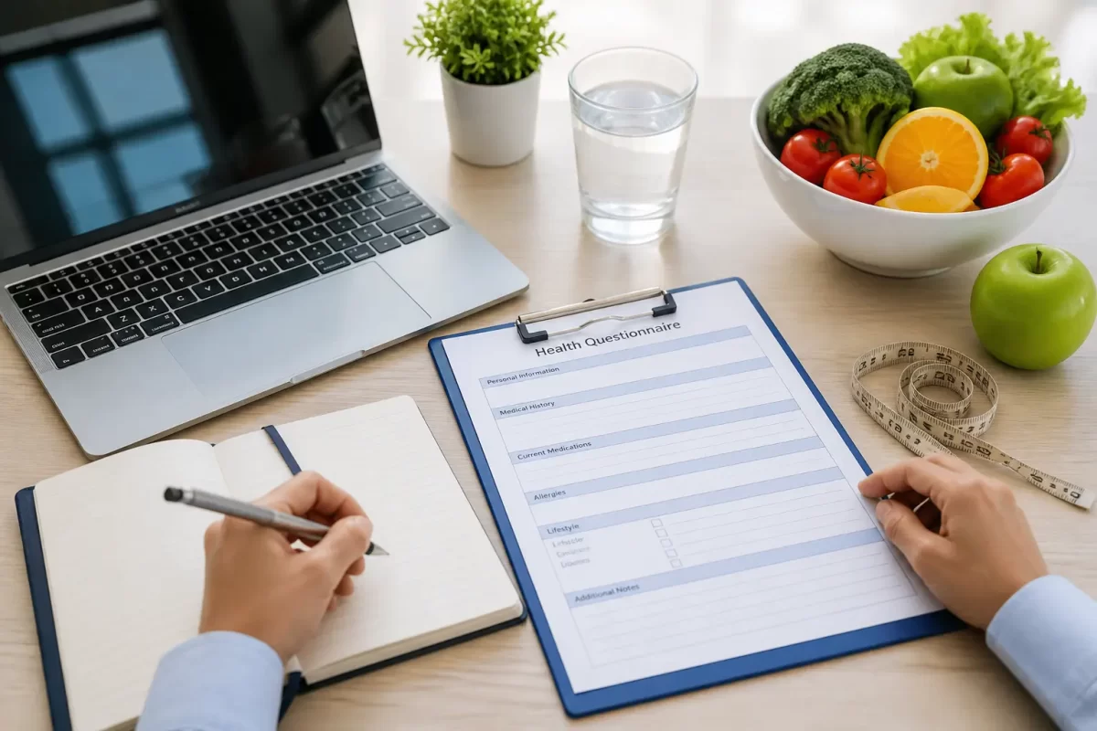 Patient completing a health questionnaire for an online weight loss consultation