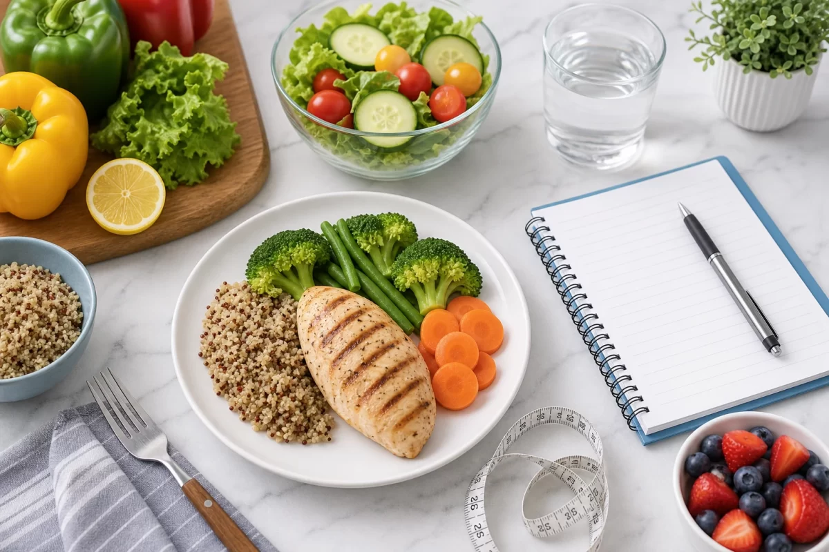 Balanced low-fat meal with vegetables, chicken, quinoa and water for orlistat treatment