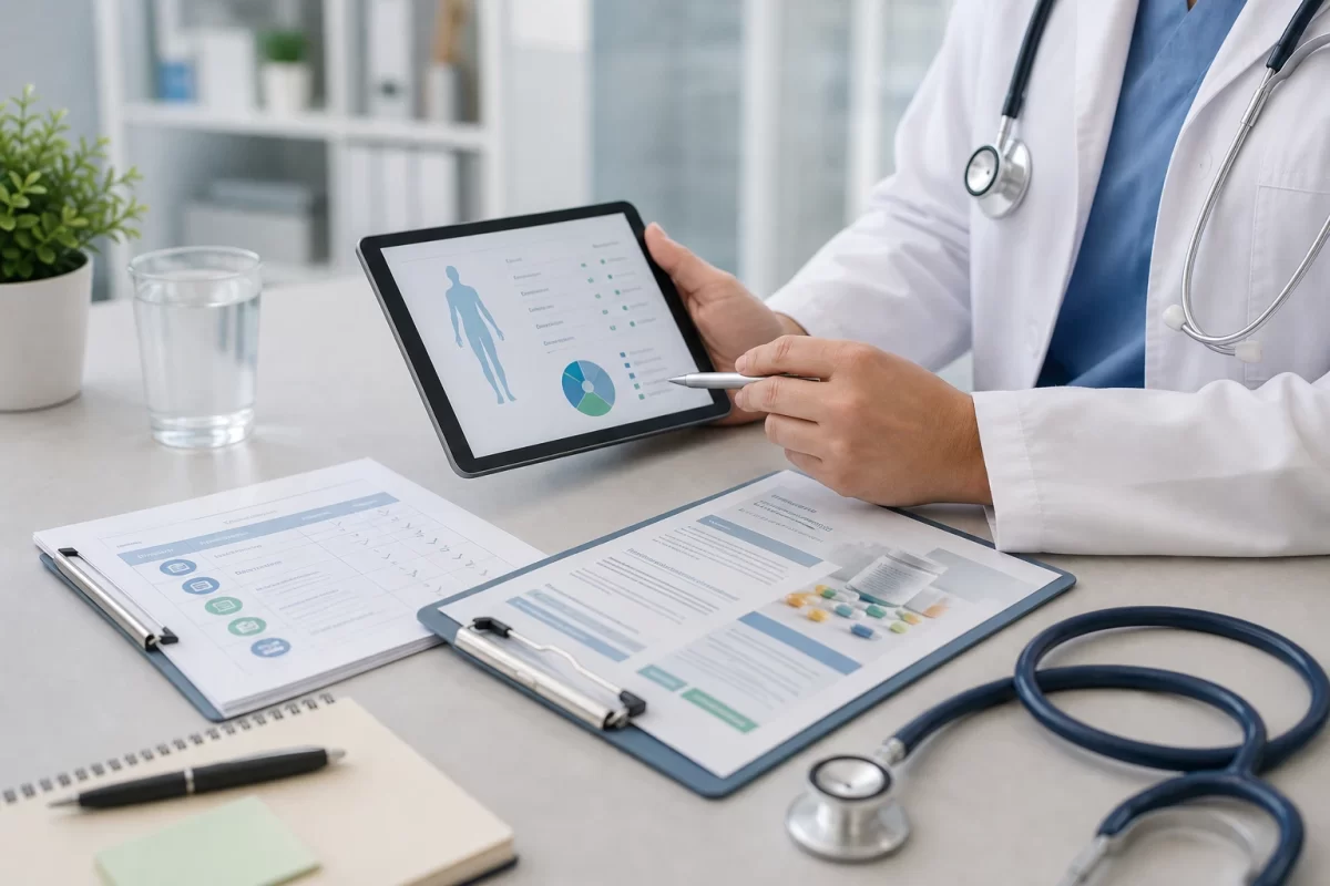 Healthcare provider reviewing medication information and patient health data