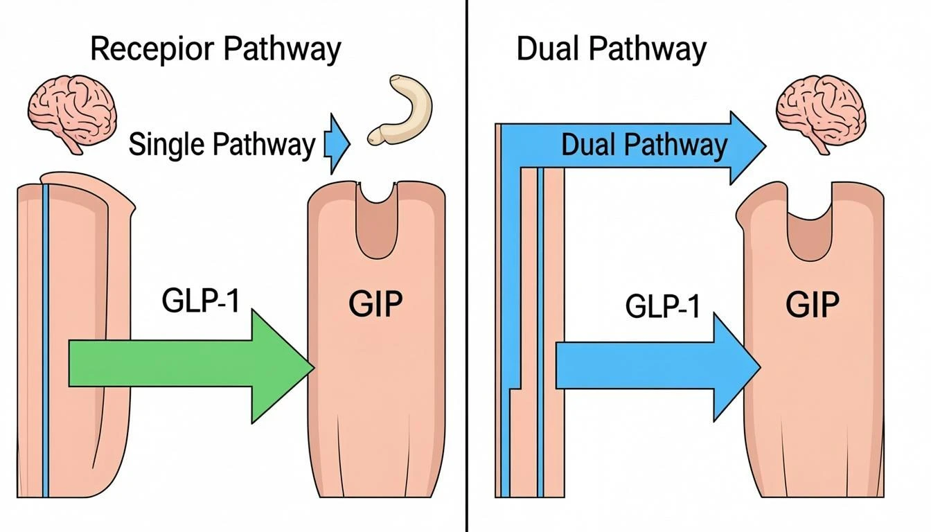Mechanism of action diagram comparing Saxenda GLP-1 single receptor agonist vs Zepbound dual GIP and GLP-1 receptor agonist pathways for weight loss