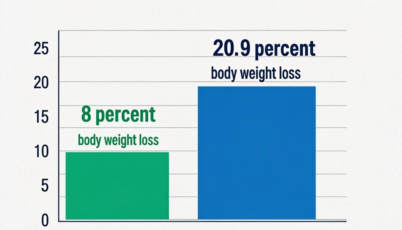 Bar chart comparing average weight loss percentage between Saxenda 8 percent body weight loss vs Zepbound 20.9 percent body weight loss from clinical trials