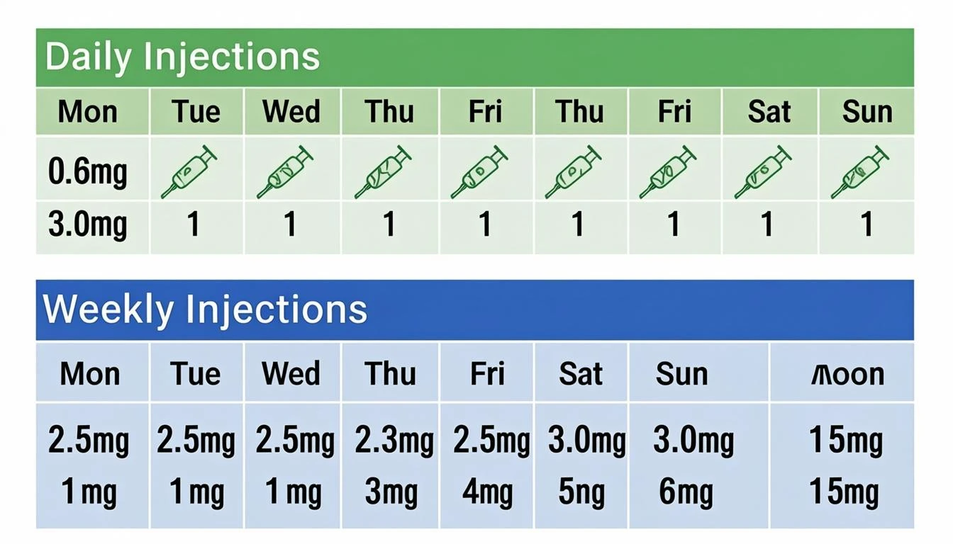 Dosing schedule comparison showing Saxenda daily injection escalation from 0.6mg to 3.0mg vs Zepbound weekly injection escalation from 2.5mg to 15mg