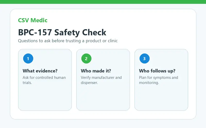 BPC 157 peptide safety checklist for evidence product source and medical follow-up