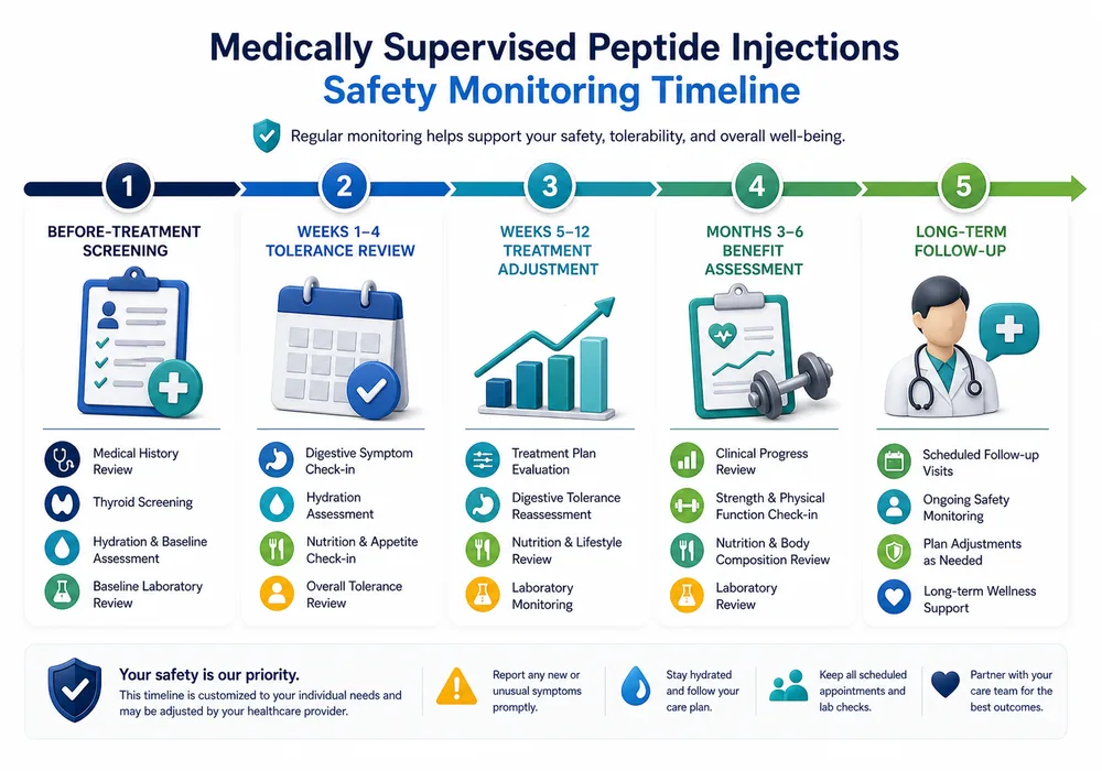 Peptide injections safety monitoring timeline from screening through long-term follow-up