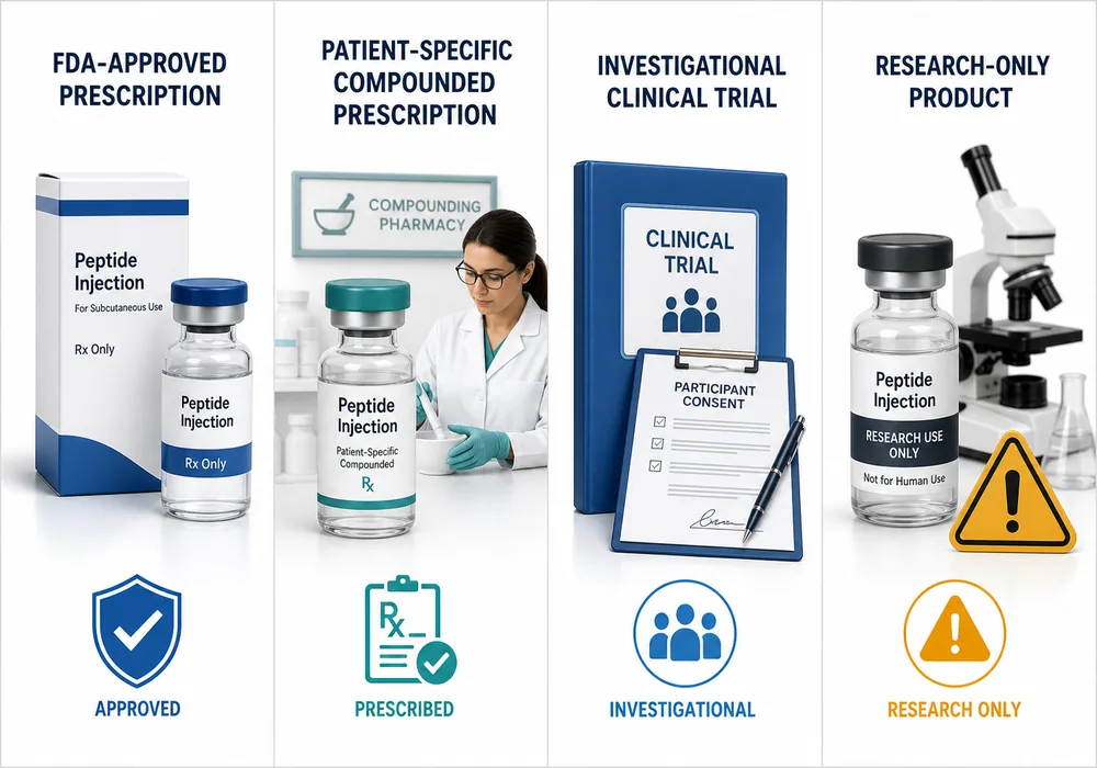 Comparison of approved compounded investigational and research-only peptide injections