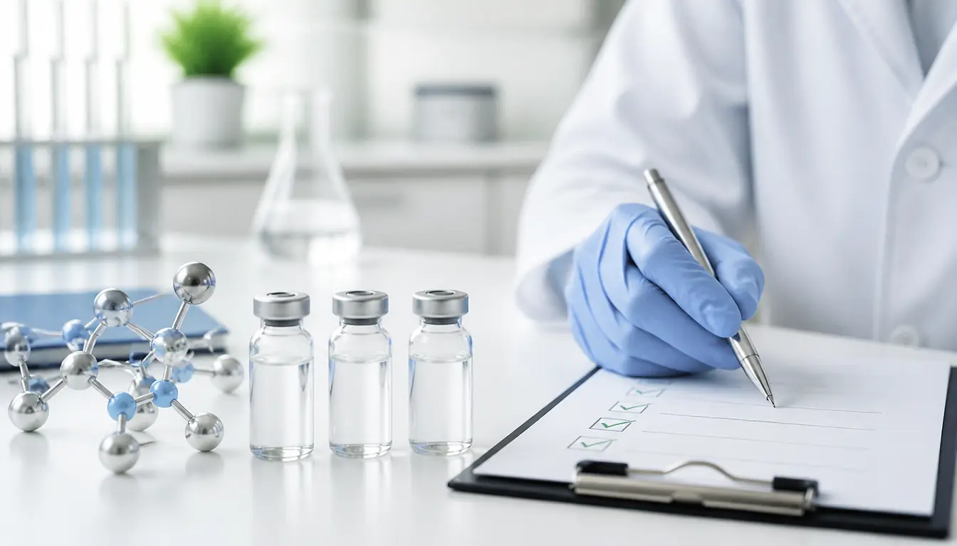 GLOW peptide safety and evidence guide with clinical vials on a clean medical background