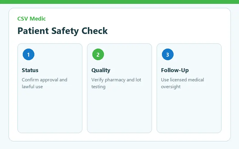 GLOW peptide safety checklist for approval pharmacy sterility concentration and medical follow-up