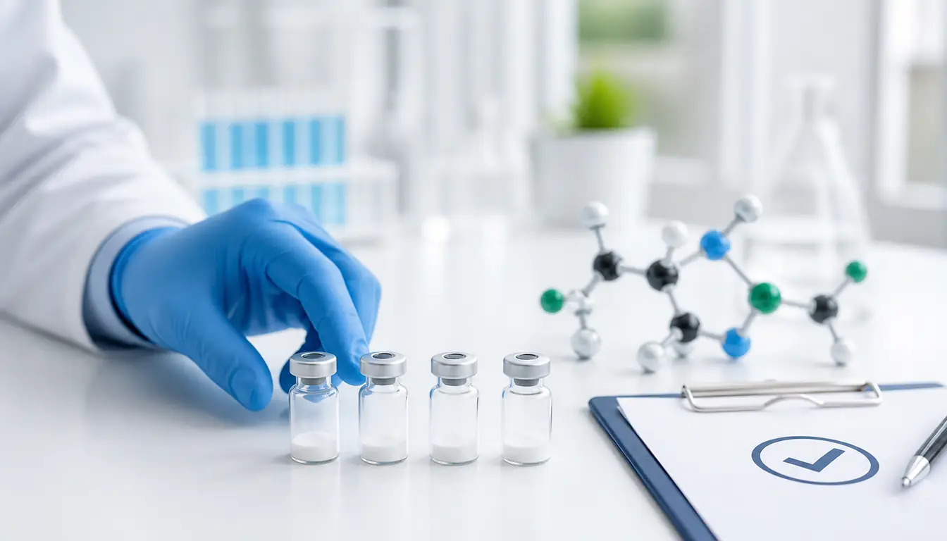 KLOW peptide safety review with four unlabeled peptide vials and clinical evidence checklist