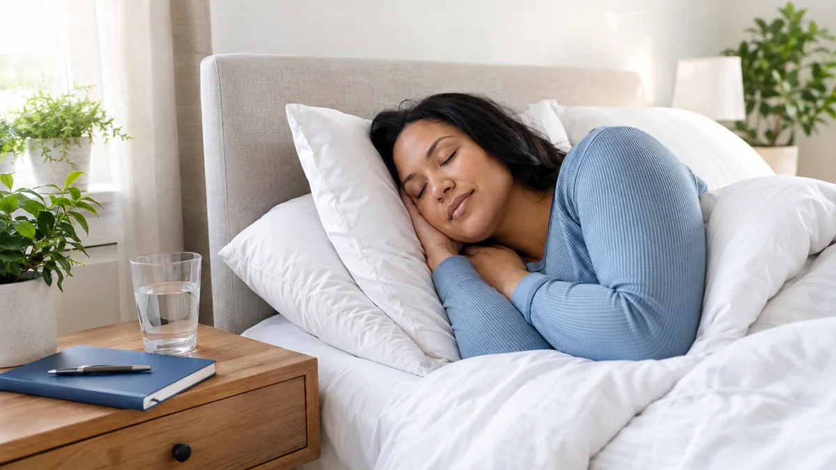 Woman resting in a bright bedroom with a sleep journal and water, illustrating sleep and weight loss